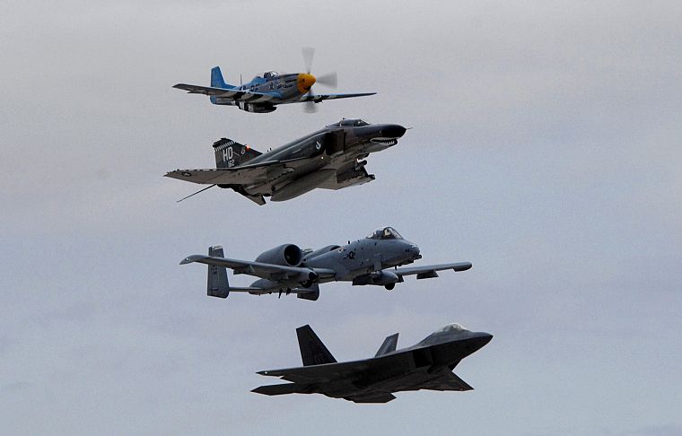 aircraft, military, F-22 Raptor, F-4 Phantom II, A-10 Thunderbolt II, time, P-51 Mustang - desktop wallpaper