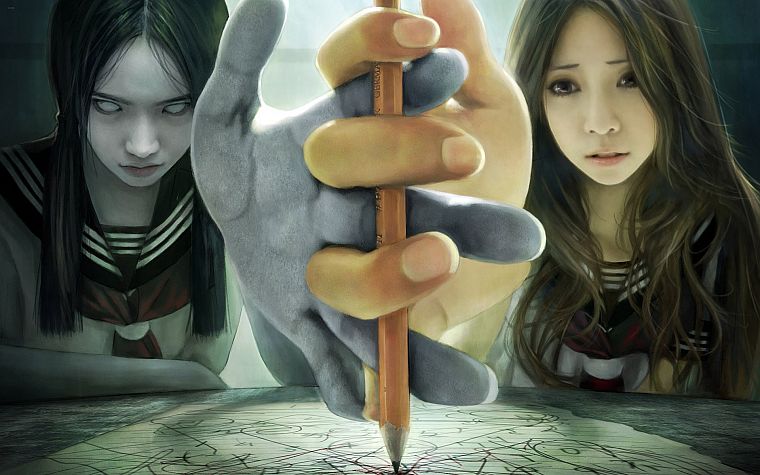 CGI, yin yang, anime girls, pencils - desktop wallpaper