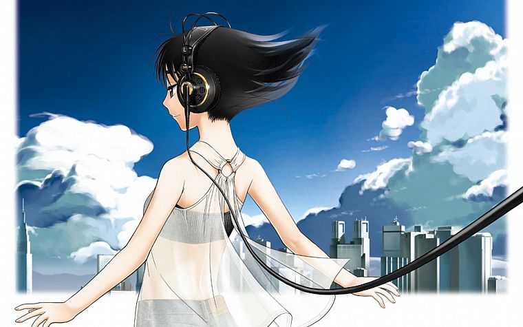 headphones, white, anime - desktop wallpaper