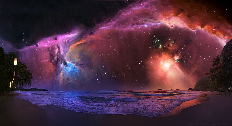 sunset, outer space, trees, stars, galaxies, nebulae, andromeda, science fiction, vacation, beaches - desktop wallpaper