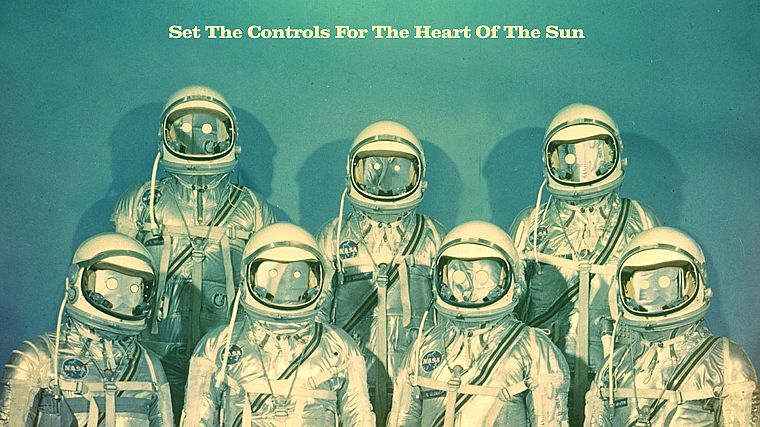 Sun, text, shadows, astronauts, blue background, Matei Apostolescu - desktop wallpaper