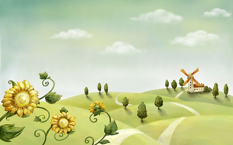 flowers, hills, windmills - desktop wallpaper