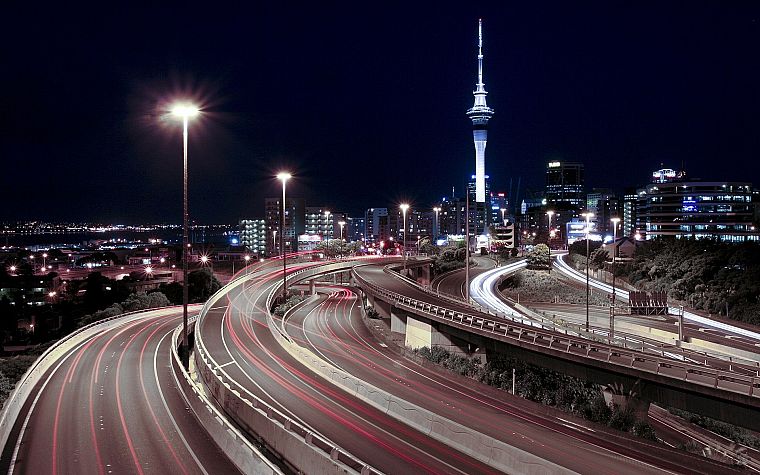 night, lights, tower, highways, downtown, roads, Auckland, long exposure, skyscapes - desktop wallpaper