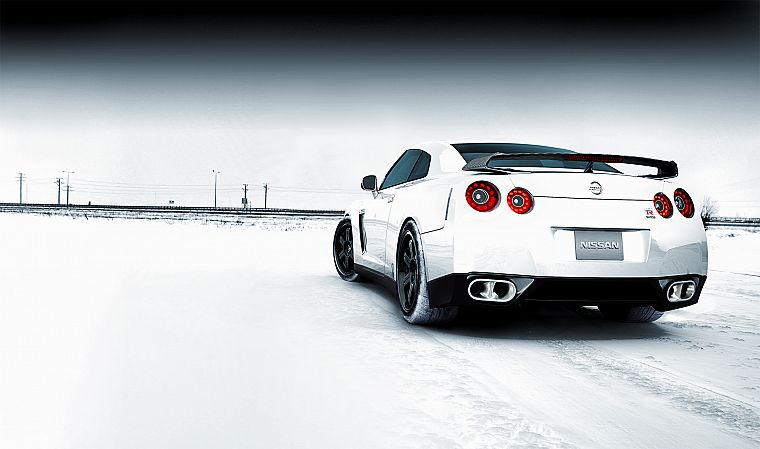 snow, cars, Nissan, back view, white cars, Nissan Skyline GT-R, Nissan GT-R R35 - desktop wallpaper