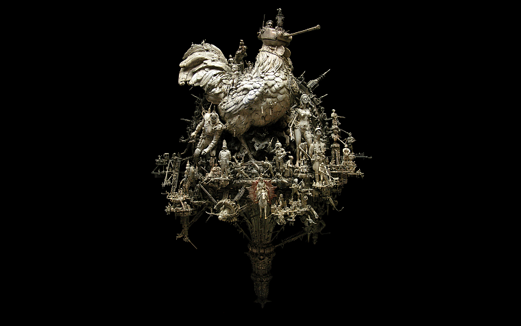 sculptures, artwork, roosters, kris kuksi, black background - desktop wallpaper