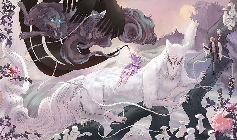 flowers, patterns, fantasy art, artwork, Natsume Yuujinchou, anime girls - desktop wallpaper