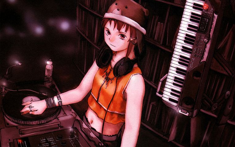 headphones, brunettes, music, Serial Experiments Lain, anime, DJ, hats - desktop wallpaper
