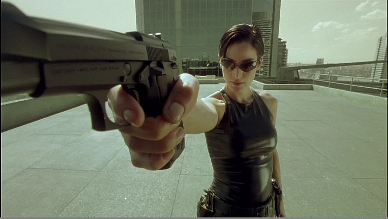 Matrix, Trinity, screenshots, rooftops, Carrie-Anne Moss, handguns - desktop wallpaper