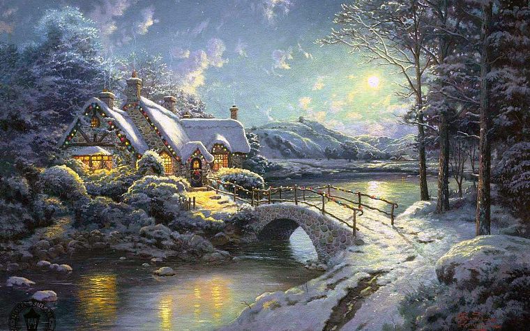 winter, snow, white, Moon, moonlight, Christmas, artwork, Thomas Kinkade, cottage - desktop wallpaper