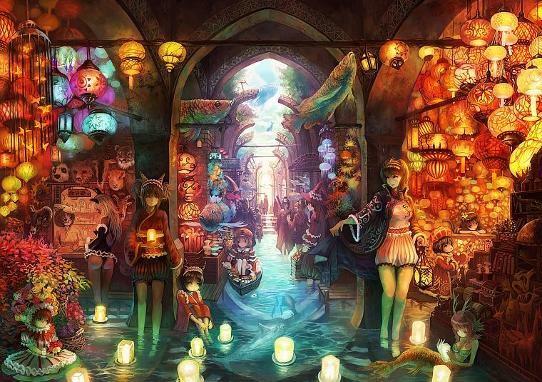 water, maids, ass, animal ears, bonsai, anime, candles, anime girls, shop, Pixiv Fantasia, chinese lantern, original characters - desktop wallpaper