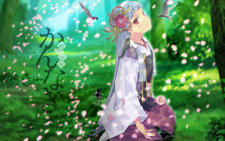 cherry blossoms, birds, Kannagi: Crazy Shrine Maidens, Japanese clothes, Nagi (Kannagi) - desktop wallpaper