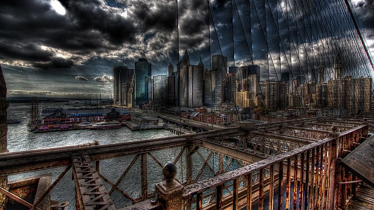 clouds, piers, buildings, New York City, boats, vehicles, HDR photography - desktop wallpaper