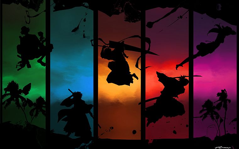 Bleach, Kurosaki Ichigo, silhouettes, Urahara Kisuke, Kuchiki Rukia, Hitsugaya Toshiro, Abarai Renji - desktop wallpaper