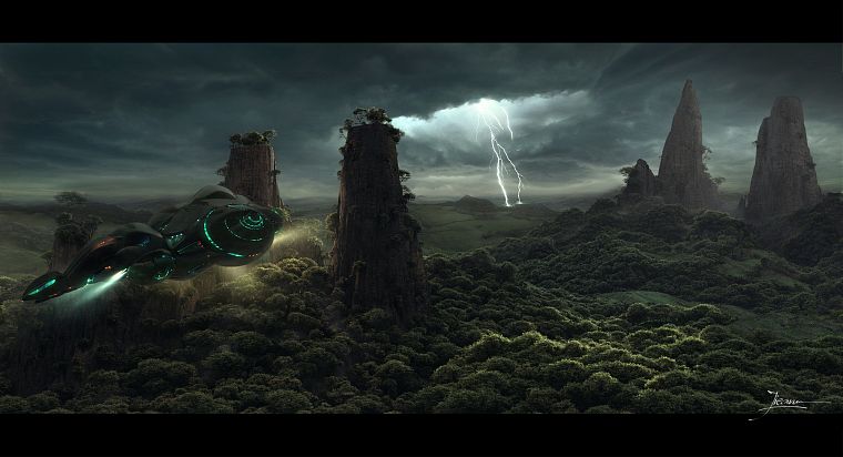 forests, CGI, bolt, spaceships, science fiction, vehicles, lightning - desktop wallpaper