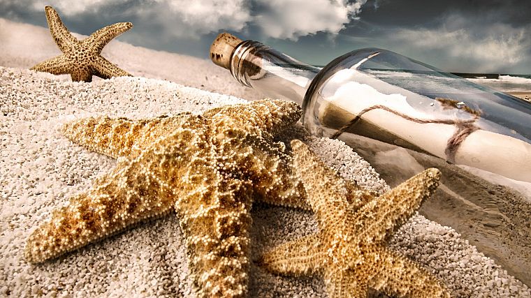 nature, sand, bottles, starfish, beaches - desktop wallpaper
