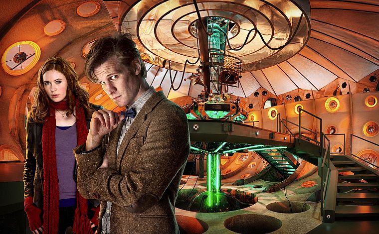 Matt Smith, Karen Gillan, Amy Pond, Eleventh Doctor, Doctor Who, Tardis Control Room - desktop wallpaper