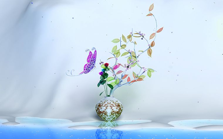 leaves, CGI, plants, butterflies, K3 Studio - desktop wallpaper