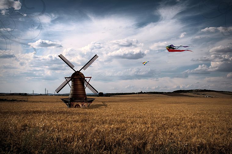 clouds, landscapes, kite, windmills - desktop wallpaper