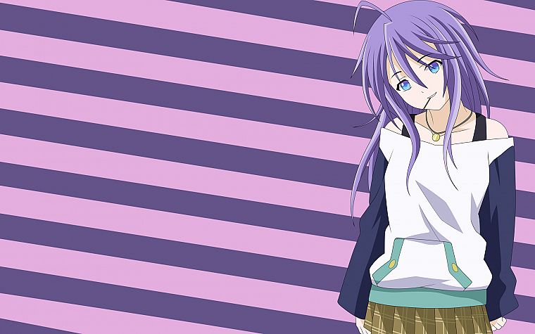 blue eyes, Shirayuki Mizore, purple hair, Rosario to Vampire, stripes, bare shoulders - desktop wallpaper