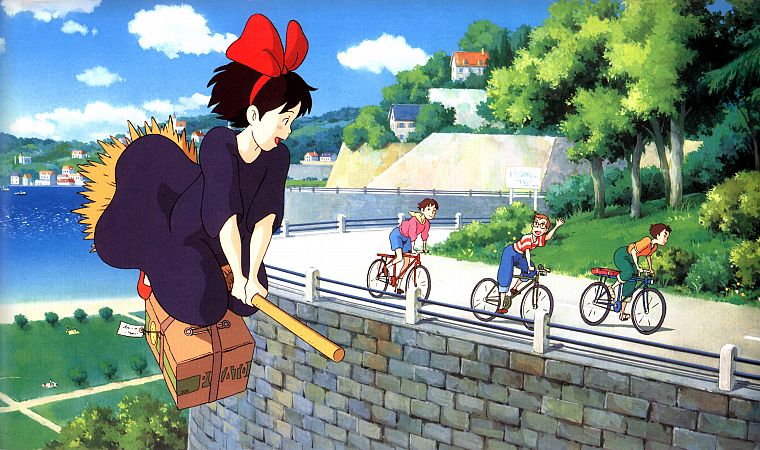 flying, bicycles, roads, Studio Ghibli, Kiki's Delivery Service, waving, children, broomsticks, Kiki (Kiki's Delivery Service) - desktop wallpaper