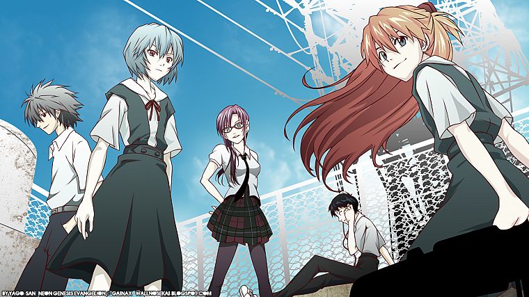 school uniforms, Ayanami Rei, Neon Genesis Evangelion, Ikari Shinji, Kaworu Nagisa, Asuka Langley Soryu - desktop wallpaper