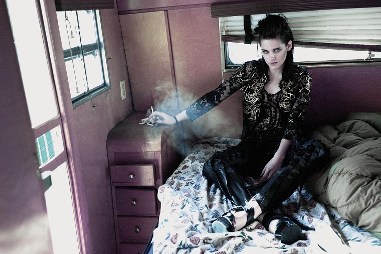 women, Kristen Stewart, beds, cigarettes - desktop wallpaper