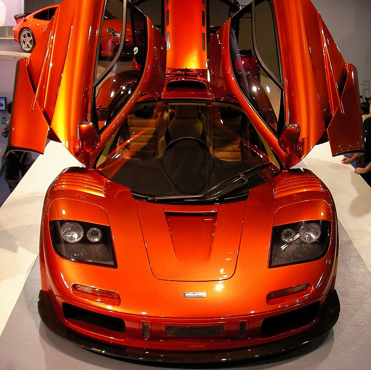 cars, front, vehicles, McLaren F1, McLaren, McLaren F1 LM, front view, open doors, orange cars - desktop wallpaper