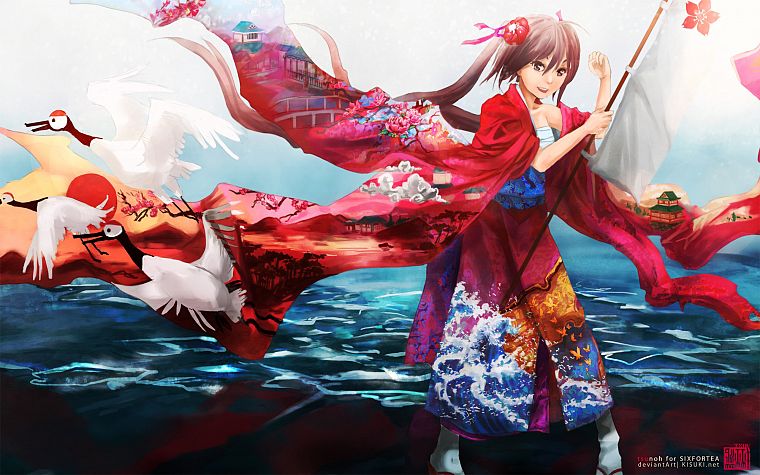 brunettes, water, clouds, flowers, birds, waves, long hair, brown eyes, kimono, flags, twintails, artwork, Japanese clothes, anime girls - desktop wallpaper