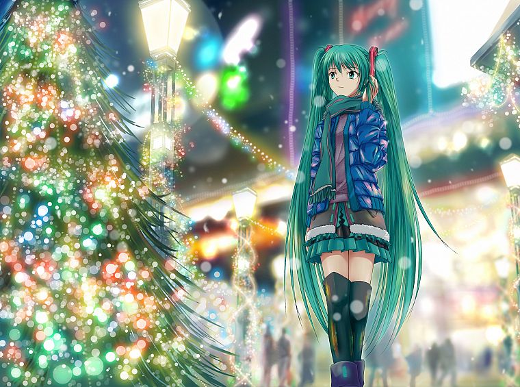 Vocaloid, lights, Hatsune Miku, skirts, Christmas, thigh highs, twintails, aqua eyes, aqua hair - desktop wallpaper