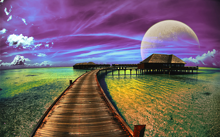 water, ocean, clouds, outer space, planets, science fiction, moons - desktop wallpaper