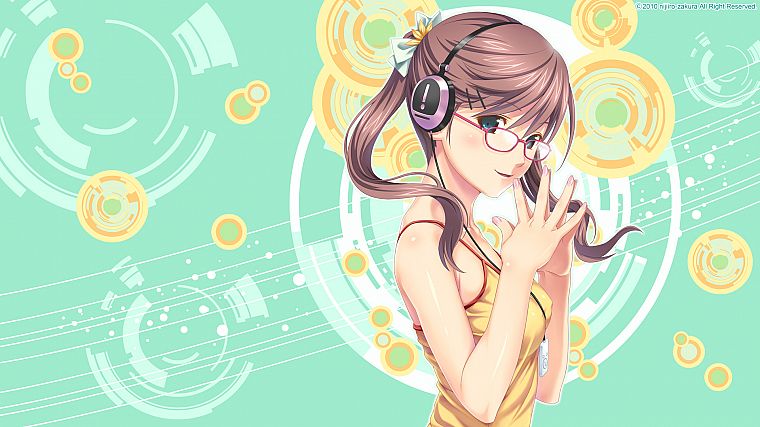 headphones, glasses, green eyes, meganekko, anime girls, Koutaro - desktop wallpaper