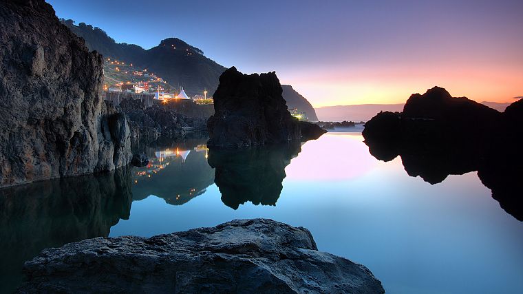 sunset, landscapes, nature, coast, rocks, cliffs, dusk - desktop wallpaper