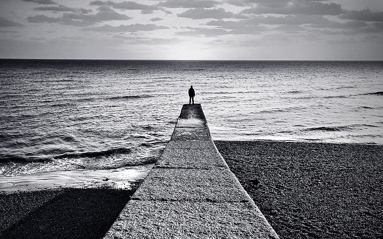 ocean, clouds, grayscale, sea, alone man, beaches - desktop wallpaper
