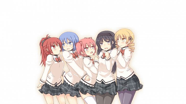 Mahou Shoujo Madoka Magica, Miki Sayaka, Sakura Kyouko, Tomoe Mami, Kaname Madoka, anime, Akemi Homura, simple background, anime girls - desktop wallpaper