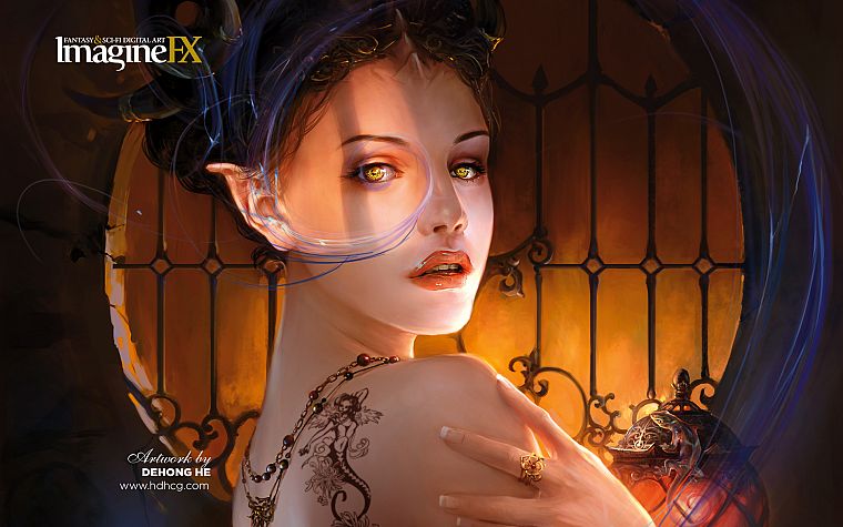 tattoos, women, horns, Gothic, fantasy art, yellow eyes, artwork, long ears, imagine fx - desktop wallpaper