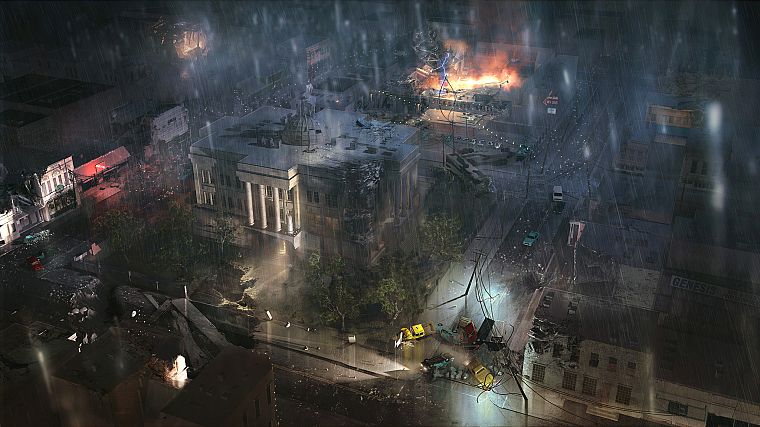 ruins, streets, night, rain, cars, fire, apocalypse, vehicles, cities - desktop wallpaper