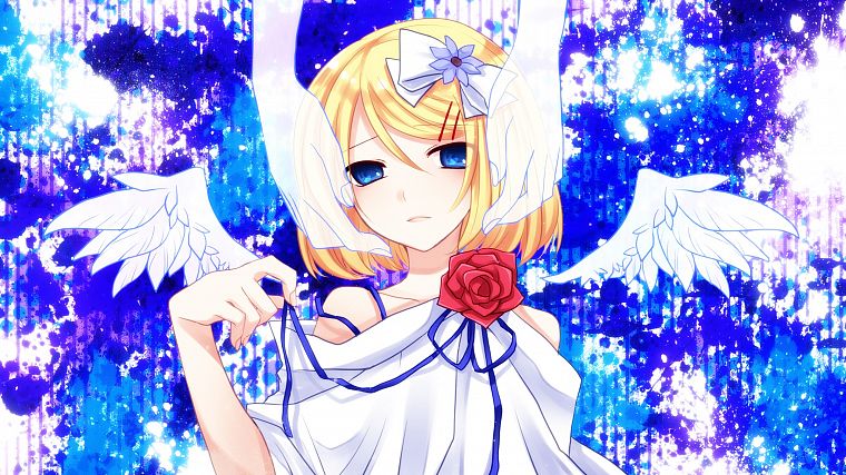 blondes, angels, blue, wings, Vocaloid, flowers, blue eyes, ribbons, Kagamine Rin, short hair, bows, spotted, roses - desktop wallpaper