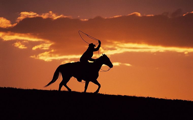sunset, silhouettes, cowboys, horses, western - desktop wallpaper