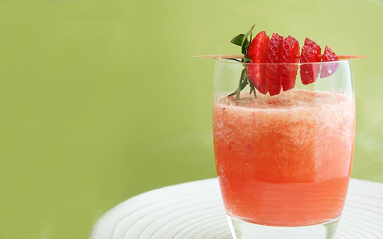 glass, cocktail, strawberries, apples - desktop wallpaper