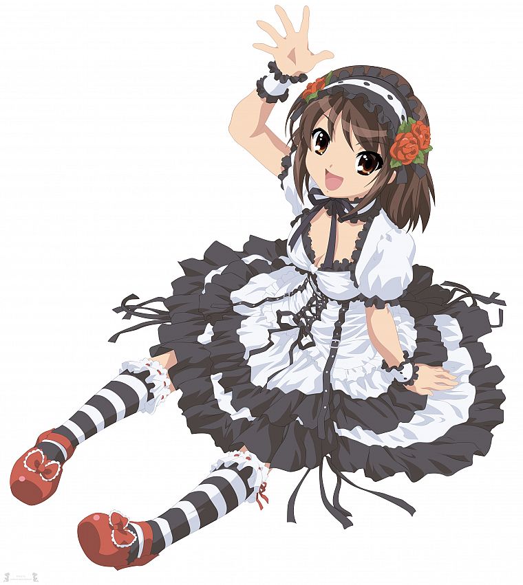 The Melancholy of Haruhi Suzumiya, simple background, Suzumiya Haruhi, knee socks, striped legwear - desktop wallpaper