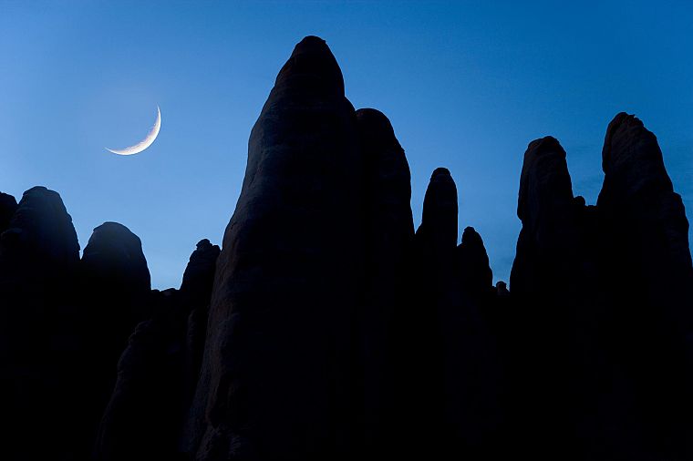mountains, night, Moon, Arches National Park, Utah, rock formations - desktop wallpaper