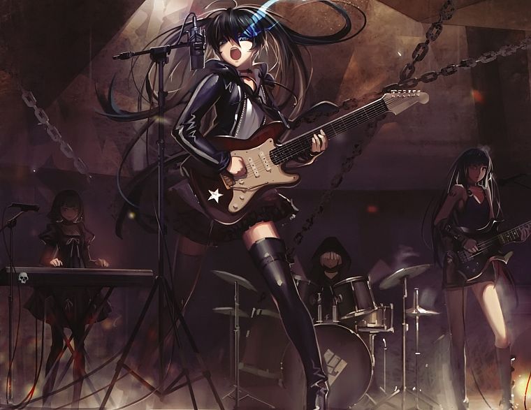 boots, flames, music, Black Rock Shooter, stockings, blue eyes, keyboards, Dead Master, long hair, short hair, thigh highs, instruments, guitars, drums, twintails, drum set, hoodies, music bands, chains, white hair, ahoge, Black Gold Saw, soft shading, St - desktop wallpaper