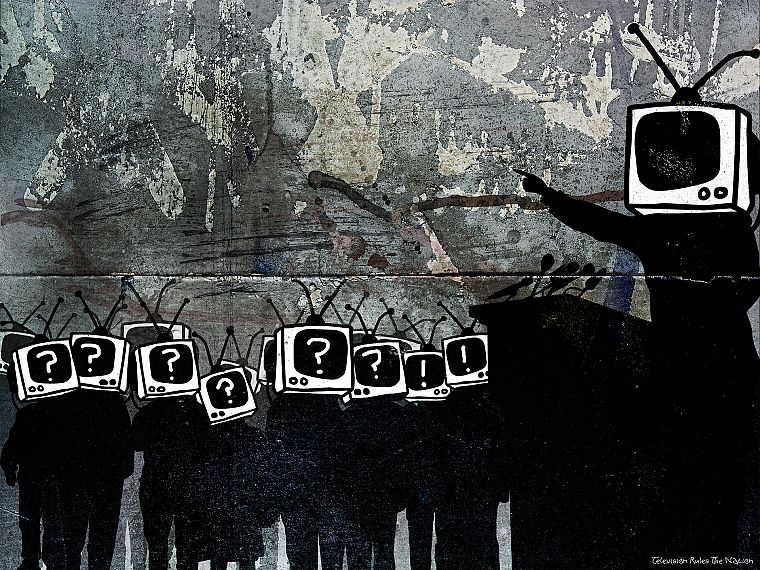 TV, graffiti, artwork, television, question marks, Alex Cherry - desktop wallpaper