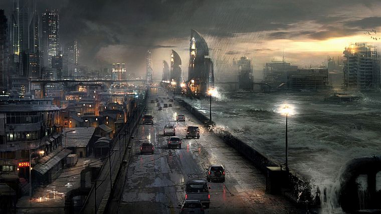 ruins, cityscapes, rain, waves, cars, roads, science fiction, flood, apocalyptic - desktop wallpaper