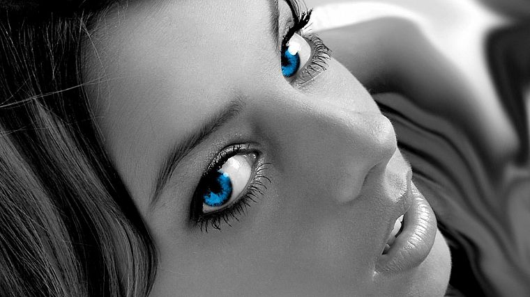 women, blue eyes, selective coloring - desktop wallpaper
