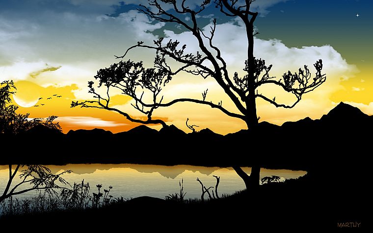 trees, silhouettes, lakes - desktop wallpaper