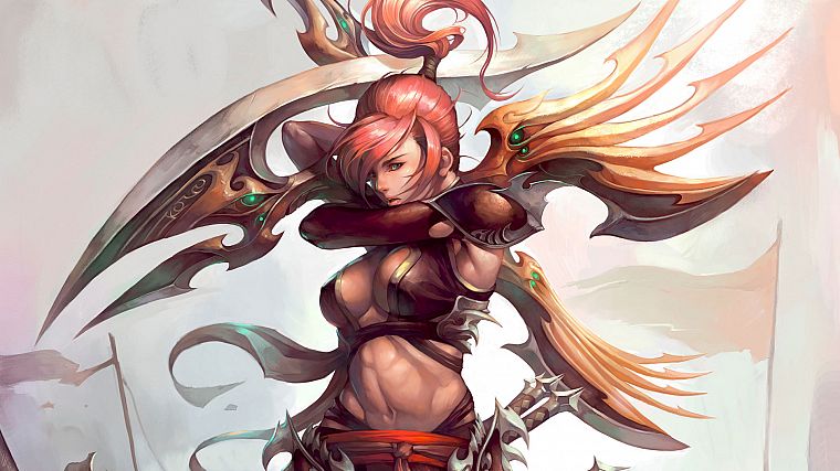 women, fantasy, blade, pink hair, artwork, warriors, Legend of Mir 2 - desktop wallpaper
