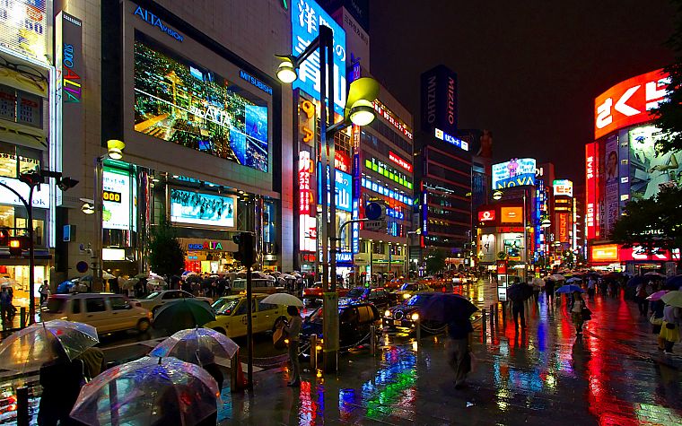 Tokyo, night, rain, cars, shinjuku, umbrellas, pedestrians - desktop wallpaper
