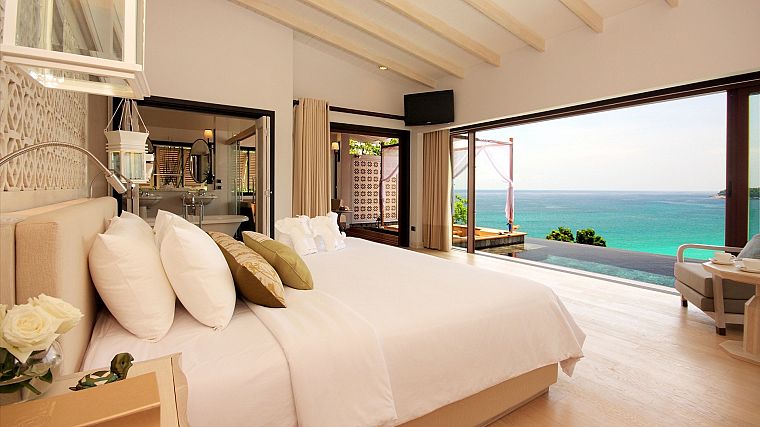 beds, paradise, islands, interior, pillows, bedroom, sea - desktop wallpaper