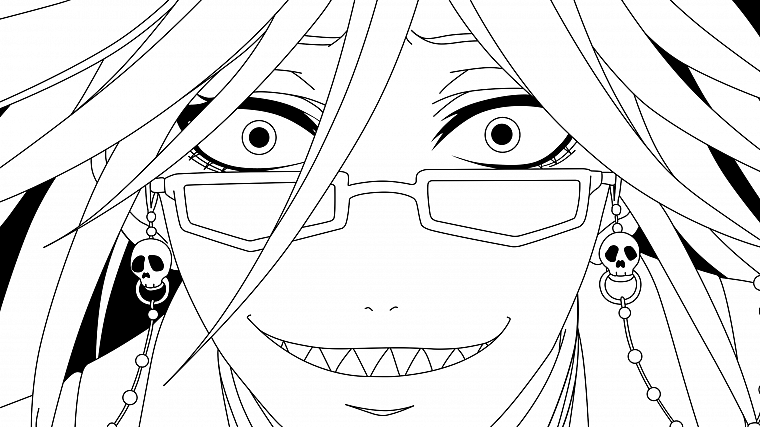 skulls, glasses, Kuroshitsuji, smiling, monochrome, Grell Sutcliff - desktop wallpaper
